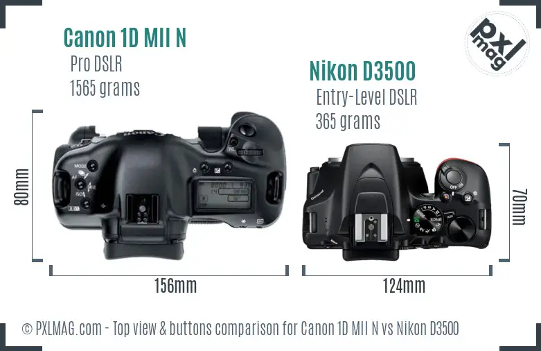 Canon 1D MII N vs Nikon D3500 top view buttons comparison Canon 1D MII N vs Nikon D3500 top view buttons comparison