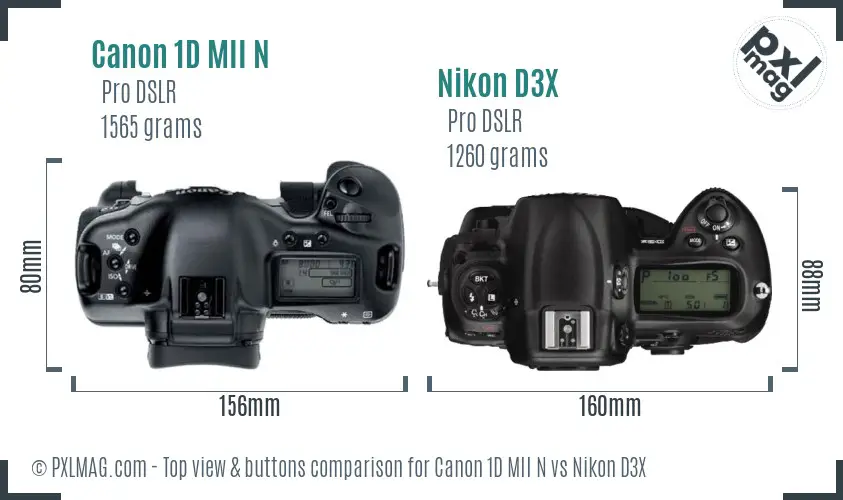 Canon 1D MII N vs Nikon D3X top view buttons comparison