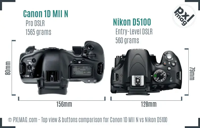 Canon 1D MII N vs Nikon D5100 top view buttons comparison