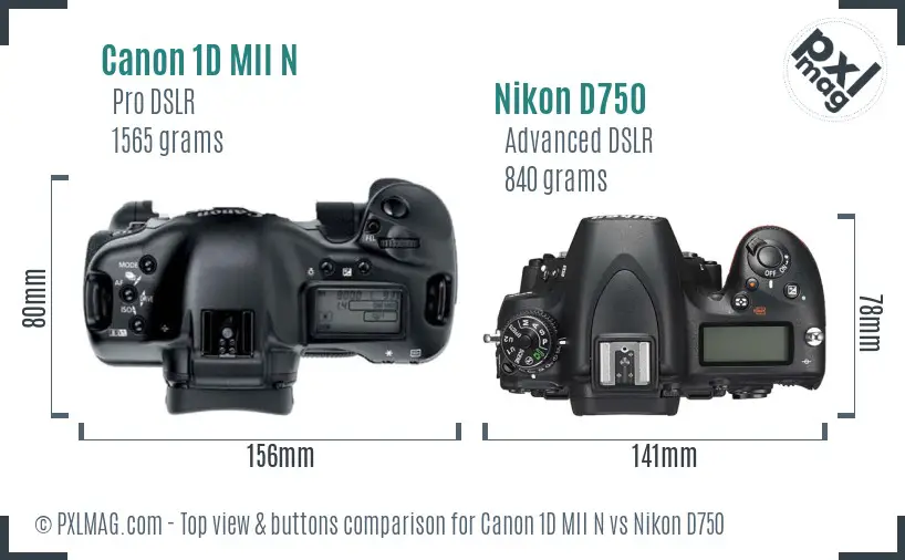Canon 1D MII N vs Nikon D750 top view buttons comparison Canon 1D MII N vs Nikon D750 top view buttons comparison