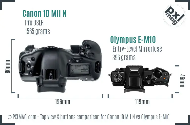 Canon 1D MII N vs Olympus E-M10 top view buttons comparison Canon 1D MII N vs Olympus E-M10 top view buttons comparison