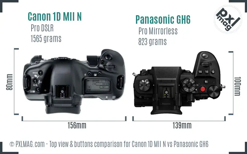 Canon 1D MII N vs Panasonic GH6 top view buttons comparison Canon 1D MII N vs Panasonic GH6 top view buttons comparison