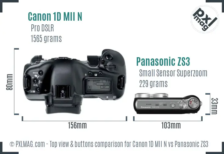 Canon 1D MII N vs Panasonic ZS3 top view buttons comparison Canon 1D MII N vs Panasonic ZS3 top view buttons comparison