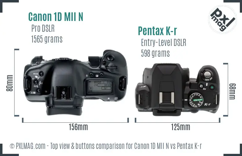 Canon 1D MII N vs Pentax K-r top view buttons comparison Canon 1D MII N vs Pentax K-r top view buttons comparison