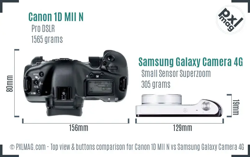 Canon 1D MII N vs Samsung Galaxy Camera 4G top view buttons comparison Canon 1D MII N vs Samsung Galaxy Camera 4G top view buttons comparison