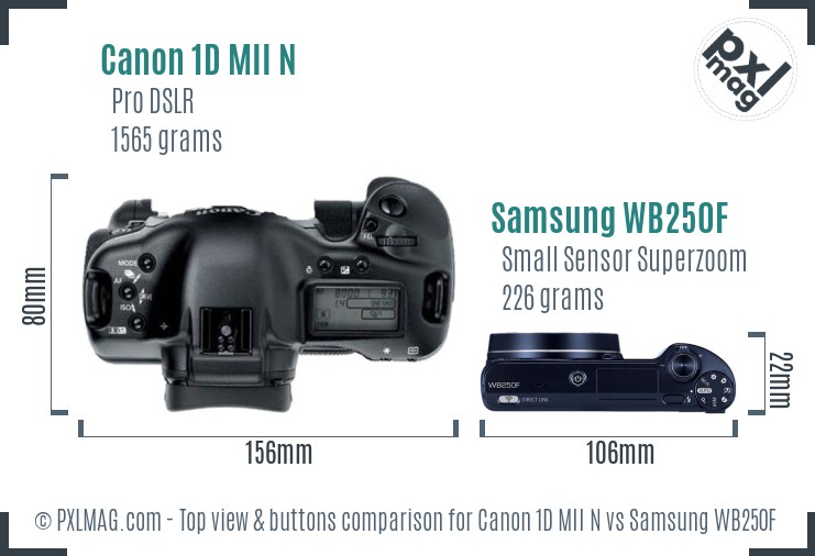 Canon 1D MII N vs Samsung WB250F top view buttons comparison