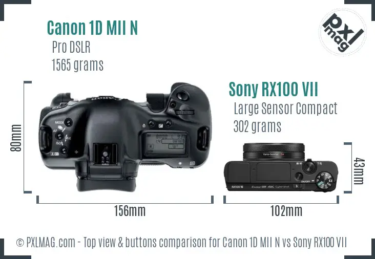Canon 1D MII N vs Sony RX100 VII top view buttons comparison Canon 1D MII N vs Sony RX100 VII top view buttons comparison