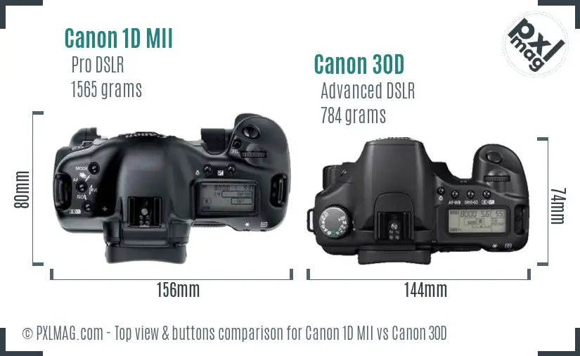 Canon 1D MII vs Canon 30D top view buttons comparison Canon 1D MII vs Canon 30D top view buttons comparison