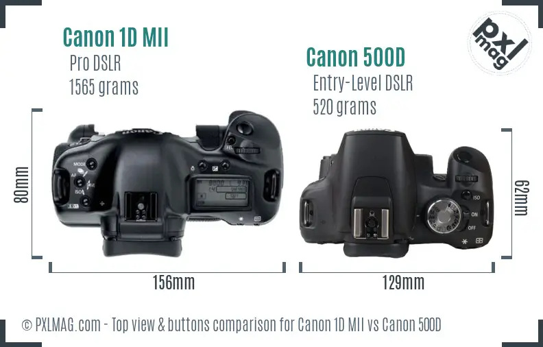 Canon 1D MII vs Canon 500D top view buttons comparison Canon 1D MII vs Canon 500D top view buttons comparison