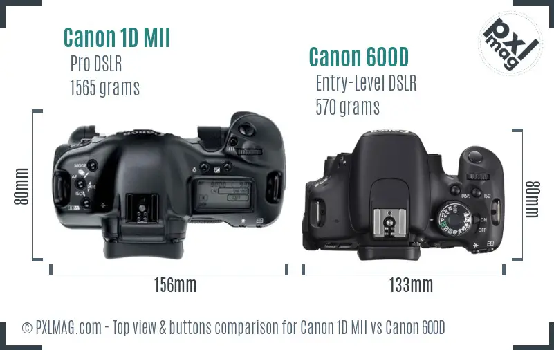 Canon 1D MII vs Canon 600D top view buttons comparison