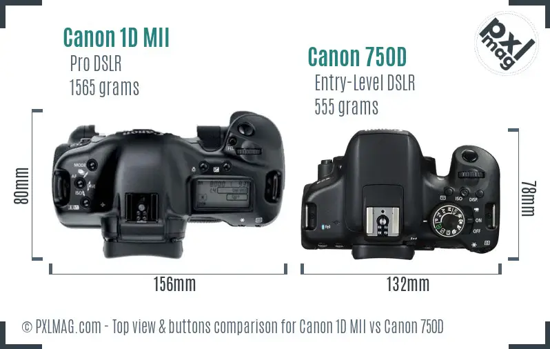 Canon 1D MII vs Canon 750D top view buttons comparison Canon 1D MII vs Canon 750D top view buttons comparison