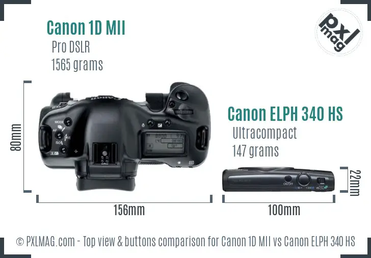 Canon 1D MII vs Canon ELPH 340 HS top view buttons comparison