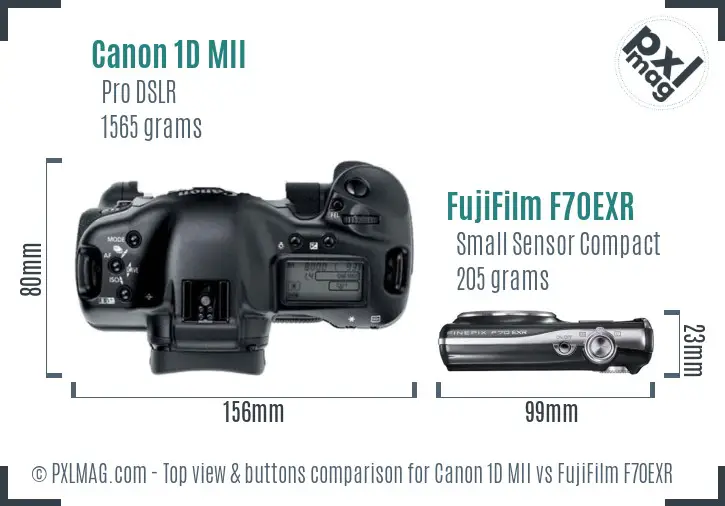 Canon 1D MII vs FujiFilm F70EXR top view buttons comparison Canon 1D MII vs FujiFilm F70EXR top view buttons comparison