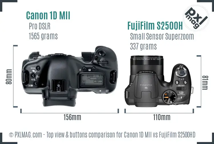 Canon 1D MII vs FujiFilm S2500HD top view buttons comparison