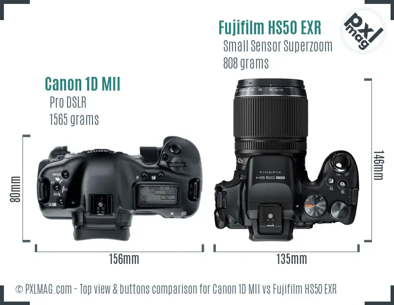 Canon 1D MII vs Fujifilm HS50 EXR top view buttons comparison