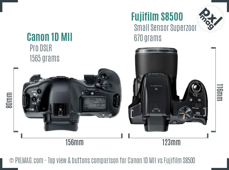 Canon 1D MII vs Fujifilm S8500 top view buttons comparison