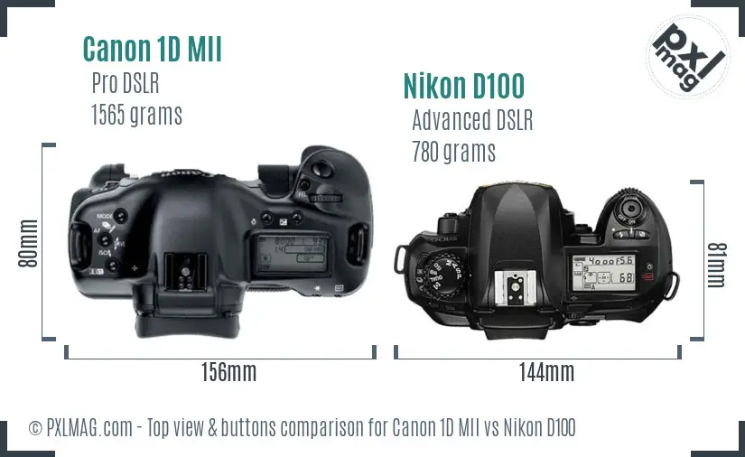 Canon 1D MII vs Nikon D100 top view buttons comparison