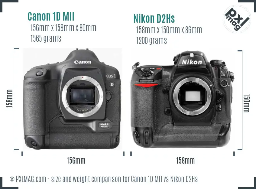 Canon 1D MII vs Nikon D2Hs size comparison