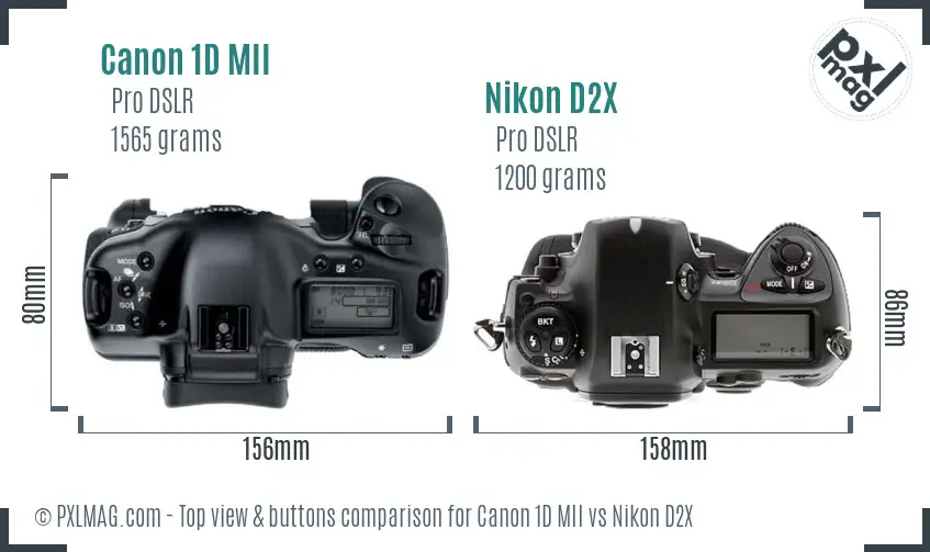Canon 1D MII vs Nikon D2X top view buttons comparison