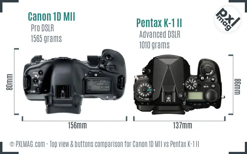 Canon 1D MII vs Pentax K-1 II top view buttons comparison
