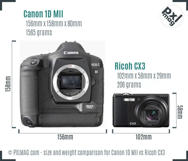 Canon 1D MII vs Ricoh CX3 size comparison