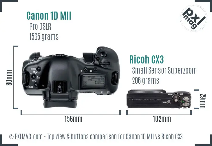 Canon 1D MII vs Ricoh CX3 top view buttons comparison