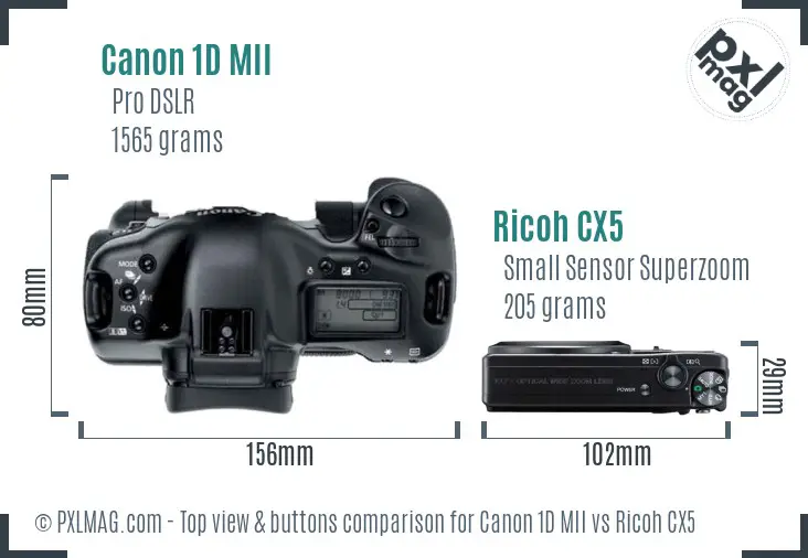 Canon 1D MII vs Ricoh CX5 top view buttons comparison