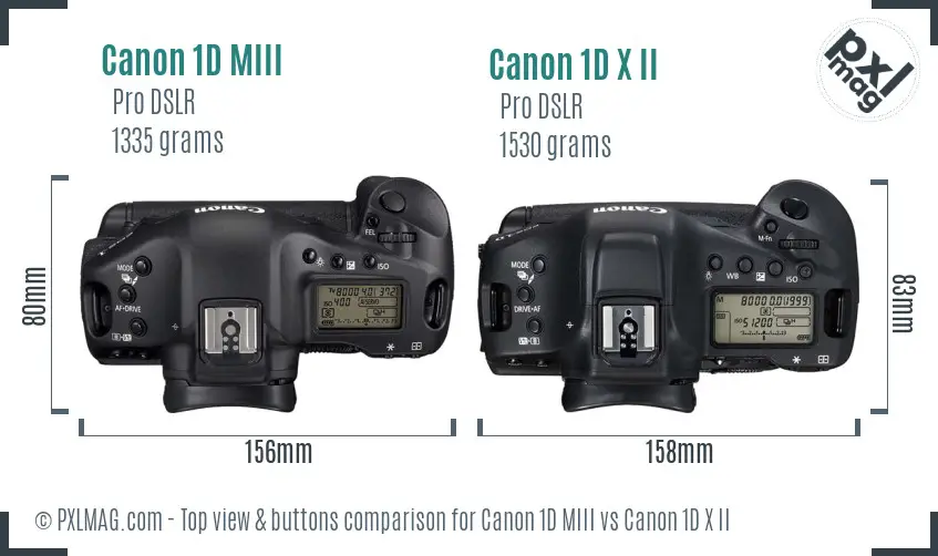 Canon 1D MIII vs Canon 1D X II top view buttons comparison