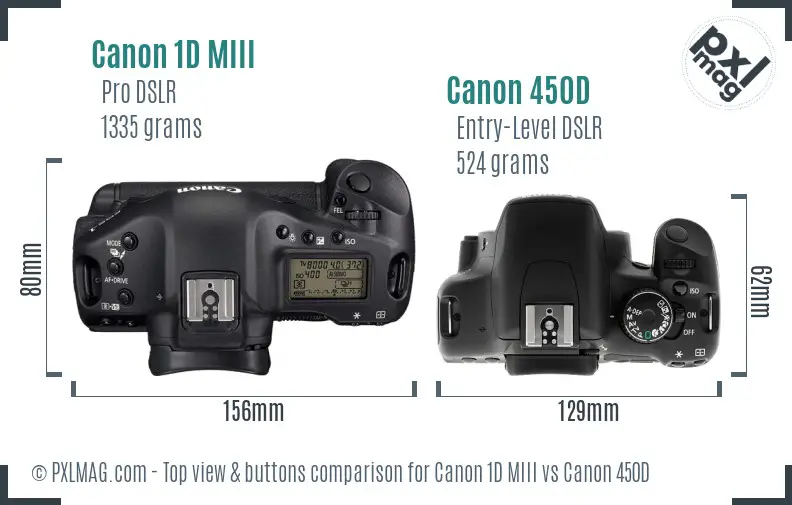 Canon 1D MIII vs Canon 450D top view buttons comparison