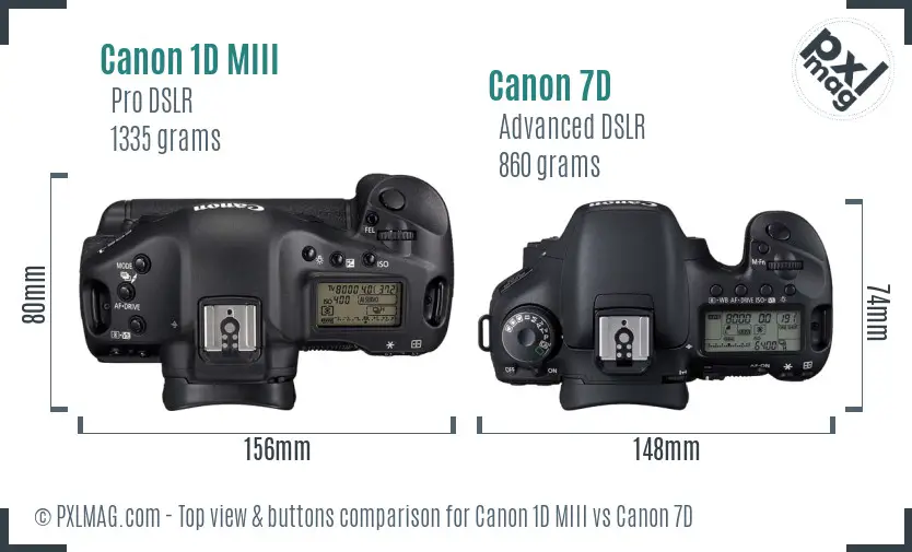 Canon 1D MIII vs Canon 7D top view buttons comparison