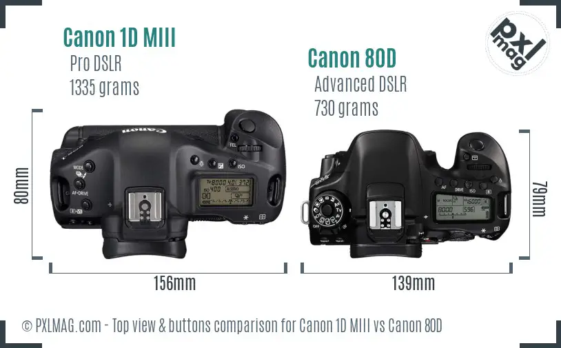 Canon 1D MIII vs Canon 80D top view buttons comparison