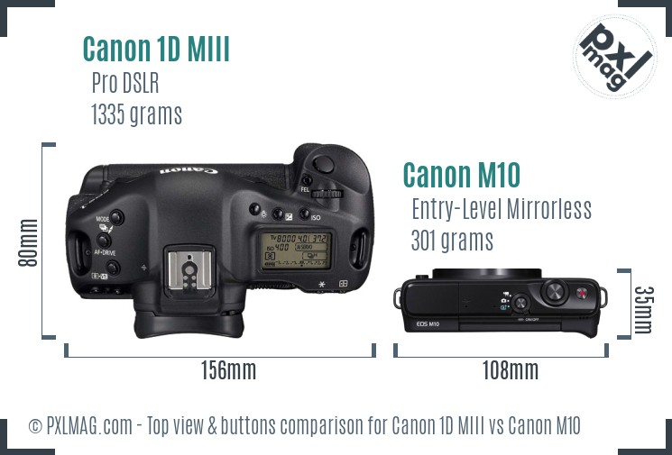 Canon 1D MIII vs Canon M10 top view buttons comparison