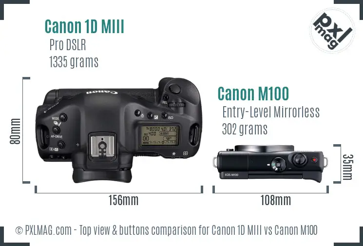 Canon 1D MIII vs Canon M100 top view buttons comparison
