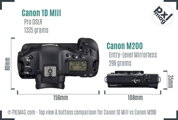 Canon 1D MIII vs Canon M200 top view buttons comparison