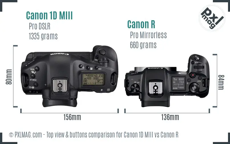 Canon 1D MIII vs Canon R top view buttons comparison