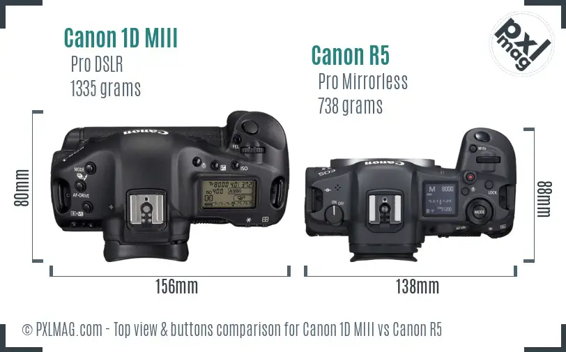 Canon 1D MIII vs Canon R5 top view buttons comparison Canon 1D MIII vs Canon R5 top view buttons comparison