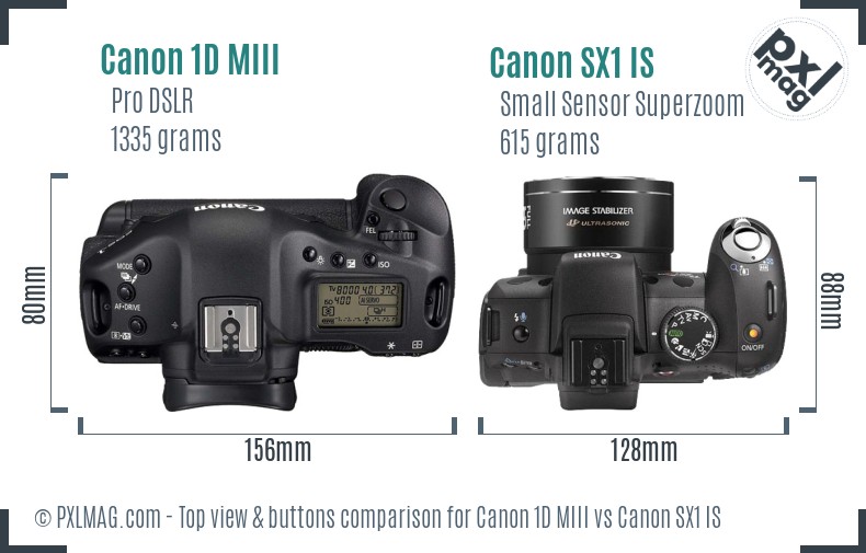 Canon 1D MIII vs Canon SX1 IS top view buttons comparison
