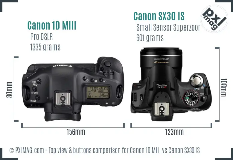 Canon 1D MIII vs Canon SX30 IS top view buttons comparison