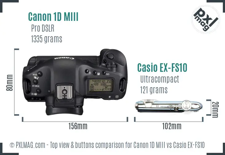 Canon 1D MIII vs Casio EX-FS10 top view buttons comparison