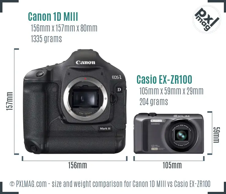 Canon 1D MIII vs Casio EX-ZR100 size comparison