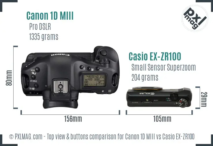Canon 1D MIII vs Casio EX-ZR100 top view buttons comparison