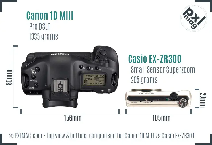 Canon 1D MIII vs Casio EX-ZR300 top view buttons comparison
