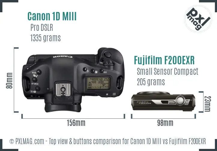Canon 1D MIII vs Fujifilm F200EXR top view buttons comparison Canon 1D MIII vs Fujifilm F200EXR top view buttons comparison