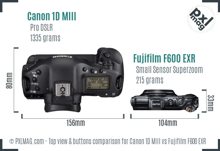 Canon 1D MIII vs Fujifilm F600 EXR top view buttons comparison Canon 1D MIII vs Fujifilm F600 EXR top view buttons comparison