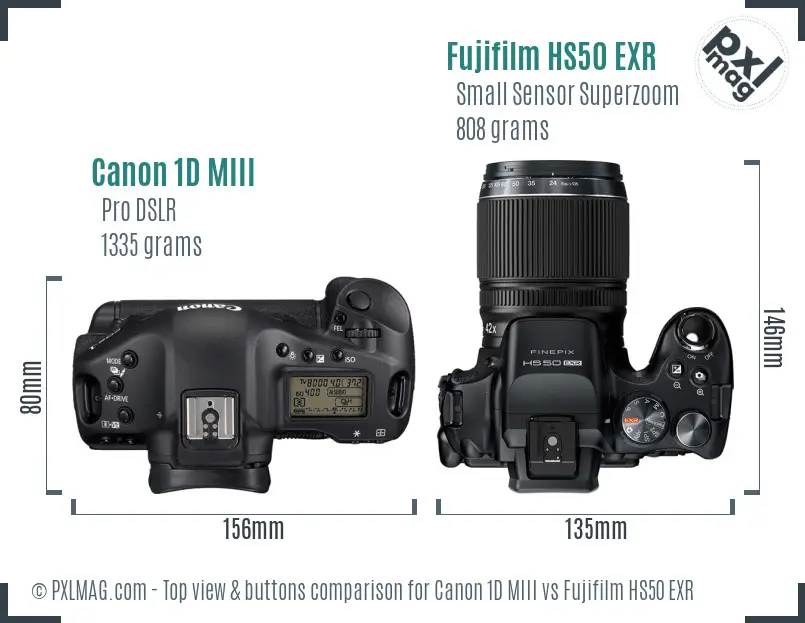 Canon 1D MIII vs Fujifilm HS50 EXR top view buttons comparison