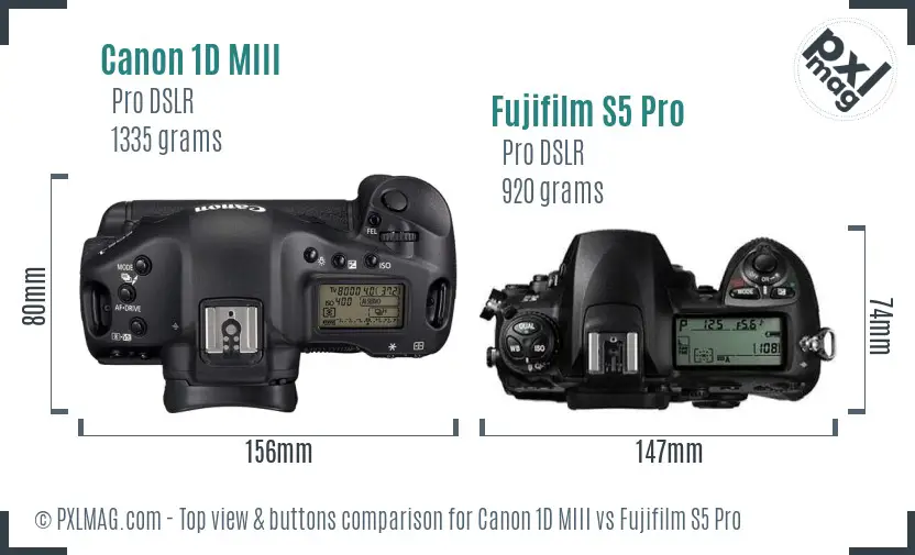 Canon 1D MIII vs Fujifilm S5 Pro top view buttons comparison