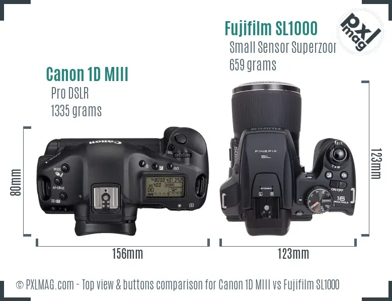 Canon 1D MIII vs Fujifilm SL1000 top view buttons comparison