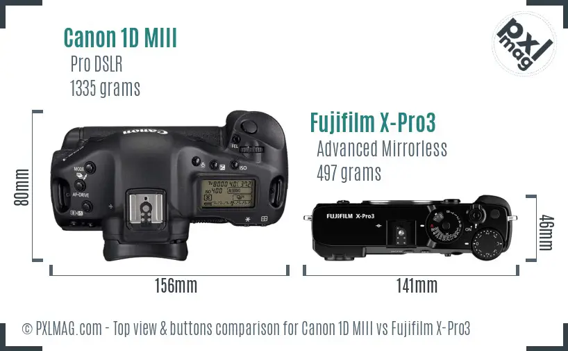 Canon 1D MIII vs Fujifilm X-Pro3 top view buttons comparison