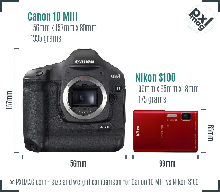 Canon 1D MIII vs Nikon S100 size comparison