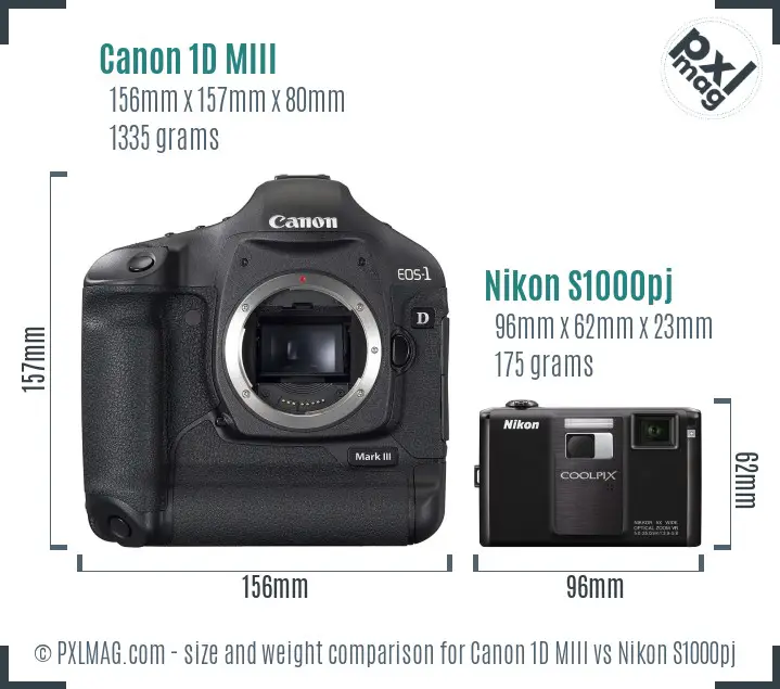 Canon 1D MIII vs Nikon S1000pj size comparison